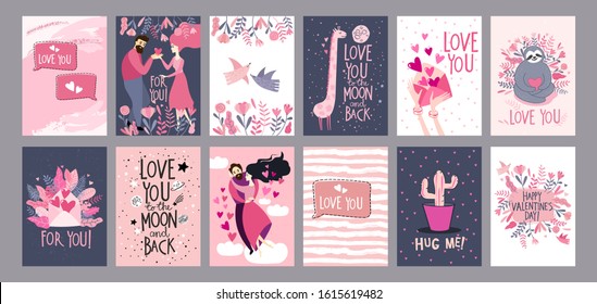 Big set of Valentine's Day card with cute cartoon sloth, flowers, birds, happy couples and freestyle hand drawn lettering 