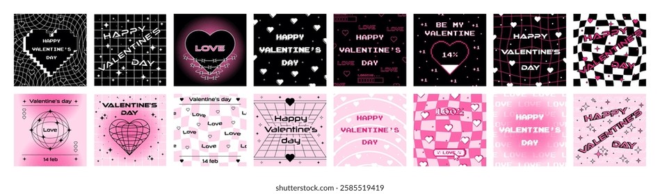 Big set of Valentine's Day cards in y2k style. Vector templates for card, banner, poster, post, cover