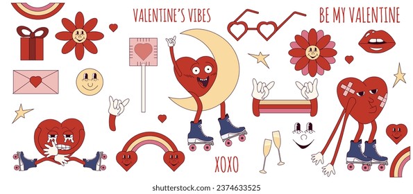 
Big Set Valentine's day cartoon element isolated white background. Trendy Cartoon funky heart in rollers. Collection Valentine celebration poster symbol in retro Groovy y2k style. Vector illustration