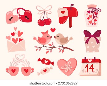 Grande conjunto de elementos de clipart do Dia dos Namorados com pássaros do amor, caixa de correio, cerejas, fechaduras do coração, doces e calendário. Coleção de vetor romântico para adesivos, scrapbooking, e projeto DIY feriado.