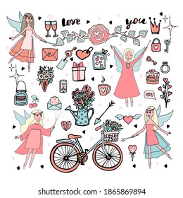
Big set for Valentine's Day, Cupids and magic fairies, Stickers collection, Various decor elements for Valentine's Day, Holiday stickers, Vector illustration in doodle style, hand draw.