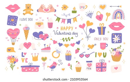 Big set Valentines Day with decorative elements, symbols of love, phrases. Vector flat illustration for stickers, postcards.