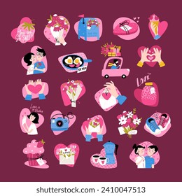 Big set with Valentine's day elements isolated on dark red background. Love concept. Cartoon style. Perfect for stickers and greeting cards. Vector illustration.