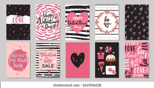 Big Set of Valentine's day greeting cards with hand written greeting lettering and textured brush strokes on background. Happy Valentine's day, Love you words, love concept,vector illustration