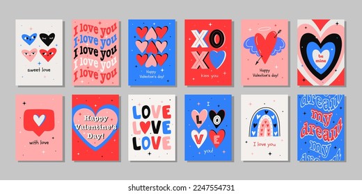 Big set Valentine's Day greeting cards. Hand drawn trendy cartoon heart, love lettering. Vector illustration