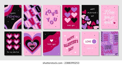 Big set Valentine's Day greeting cards. Hand drawn trendy cartoon heart, love lettering. Vector illustration