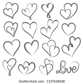 Big set valentines day hand written lettering heart love to design poster, greeting card, photo album, banner, vintage calligraphy vector illustration collection