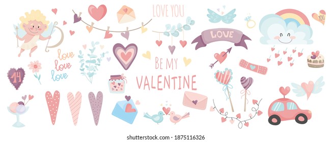 Big set of Valentine's day hand drawn vector illustration. Valentine's Day sticker kit