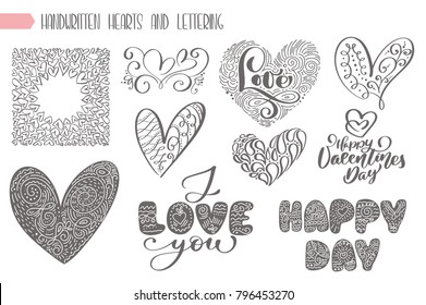 Big set valentines day hand written lettering heart love to design poster, greeting card, photo album, banner, vintage calligraphy vector illustration collection
