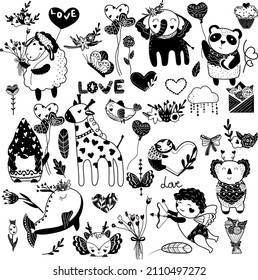 Big set for Valentine's day, happy cupid's, animals, bouquet of flowers, birds, gnome, butterfly. Cute Black and white characters. Enamored Black and white Animals. Flat icon set. Vector illustration.