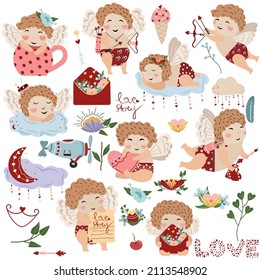 Big set for Valentine's day, happy cupid's, flowers. Cute Cupid's Suitable For your scrapbooking design, banners, valentines cards, posters. Cupid's in boho style. Vector illustration