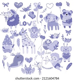 Big set for Valentine's day, happy animals, cupid, gnome, balloons, flowers. Cute illustration for your scrapbooking design, banners, cards, posters. Purple, lilac trendy colors. Vector illustration