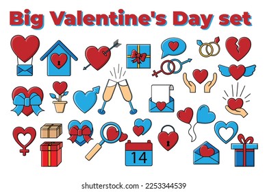 Big set of Valentine's Day icons of beautiful hearts, gifts, envelopes, love items or the feast February 14 or March 8