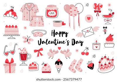 Big Set for Valentine's Day. Jam, caramel, cake, cupcake, croissant, coffee, latte, cocktail, chocolate-covered strawberries, ice cream, cookies, bento cake, pie. Cute women's pajamas, cherries, candl