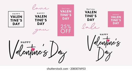 Big Set of Valentines Day logo text design, tags template. Collection of Valentines Day symbols. Vector illustration with black pink labels isolated on white background. 