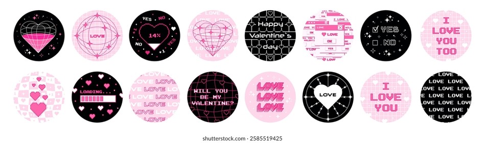 Big set of Valentine's Day stickers in trendy y2k style. Vector design elements for scrapbooking