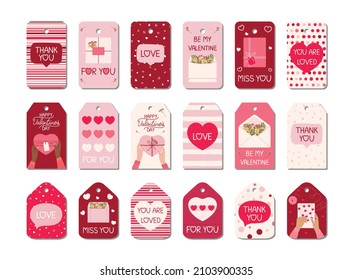 Big set of Valentine's day tags with hand written greeting lettering, gift boxes, female hands, hearts. Happy Valentine's day concept. Hand drawn vector illustration in red, pink colors