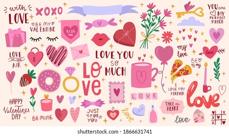 Big Set For Valentine's Day,cute Love Illustration,lettering. The 14th Of February. All Elements Are Isolated.Hand Drawn Vector Design.