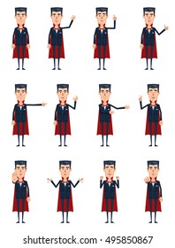 Big set of vampire characters showing different hand gestures. Cheerful vampire shows thumb up gesture, pointing up, this way, stop sign, victory hand. Flat style vector illustration