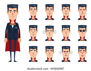 Big set of vampire emoticons. Vampire avatars showing different emotions. Happy, sad, upset, cry, laugh, angry, shout, serious, tired and other facial expressions. Flat style vector illustration