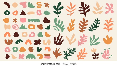 Big set of various abstract shapes and plants in pastel colors. Hand drawn doodles. Modern fashion illustration. Flat design, cartoon drawing, vector.