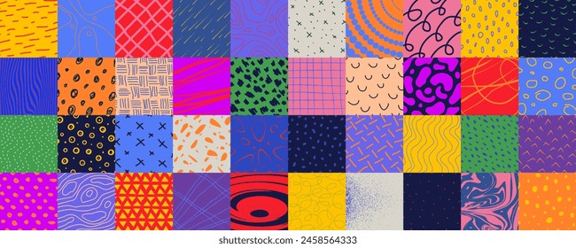 Big Set of various abstract square covers, hand drawn colorful doodle shapes with textures, geometric mosaic with bizarre color motley pattern in patchwork style, spotted and lines, splashes, dots