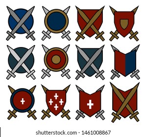 Big set of various ancient flat shields and swords. Vector illustration. Usable for video games, mobile apps, medieval design posters and cards