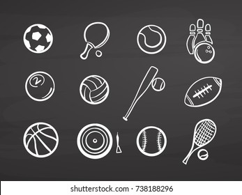 Big set of various balls on chalkboard. Handdrawn vector sketch, clean outlines, vintage style blackboard.