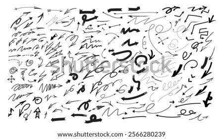 Big Set of Various black hand-drawn Arrows, doodle art, line art. Arrow options: Straight, Twisting, Ascending, Step, Circular, Thick, Thin, Long, Angular, Zigzag arrows