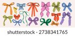 Big set of various Bow knots, tie ups, gift bows, ribbons. Hand drawn Vector illustration. Isolated colorful design elements. Wedding celebration, holiday, party decoration, gift, present concept