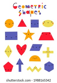 Big set of various bright basic geometric figures with face emotions. Different shapes: circle, square, triangle, oval, rectangle, star, trapezoid, rhombus, heart. Illustration for kids.