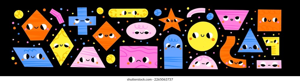 Big Set of Various bright basic Geometric Figures with face emotions. Different shapes. Hand drawn trendy Vector illustration for kids. Cute funny characters. All elements are isolated