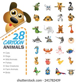 Big set of various cartoon animals and birds