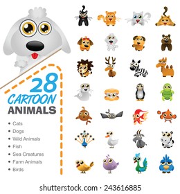 Big set of various cartoon animals and birds
