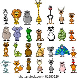 Big set of various cartoon animals and birds