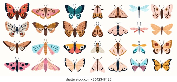 Big set of various colorful butterflies, moths and dragonflies. Cute flying insects collection. Trendy modern vector illustration isolated on white background, hand drawn, flat design