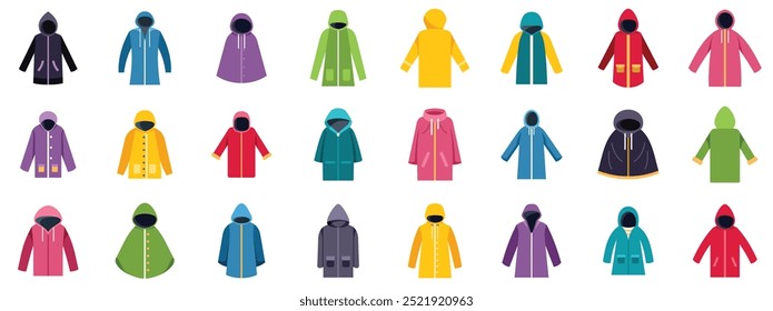 Grande conjunto de várias capas de chuva coloridas com capuz protegendo da chuva e do frio