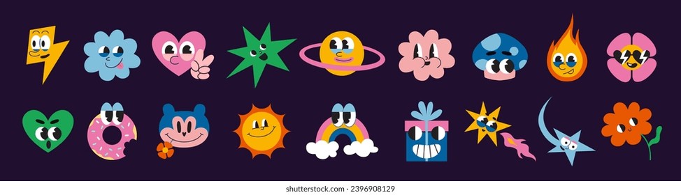 Big set of various comic groovy characters such as heart, flower and star, cartoon style. 70s funny cute retro stickers collection. Trendy modern vector illustration, hand drawn, flat design