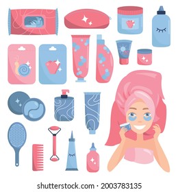 Big set of various cosmetics. Skin care routine icons. Beauty routine. A woman makes a cosmetic treatment.