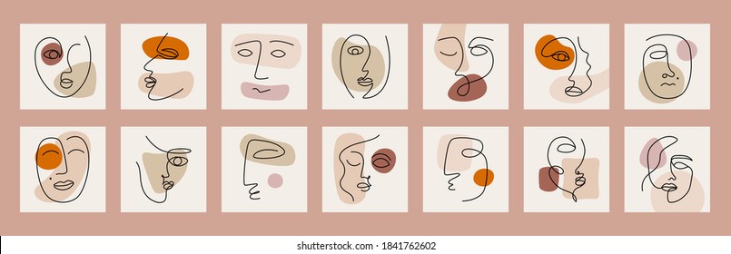Big set of various cubism faces, abstract shapes. Ink painting style. Continuous line portraits elegant minimalistic concept. Contemporary hand drawn vector illustration