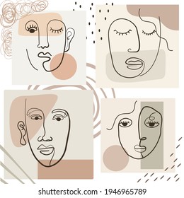 Big set of various cubism faces, abstract shapes. Ink painting style. Contemporary Hand drawn Vector illustrations. Continuous line, minimalistic elegant concept