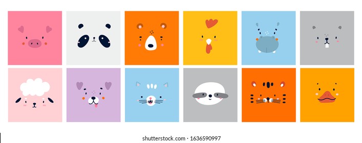 Big Set of Various Cute Animal faces without outline. Funny cartoon Muzzles. Colorful Hand drawn Vector square illustrations. All elements are isolated