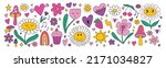 Big set of various different cute kawaii y2k doodle elements - daisy chamomile flowers, smile face, psychedelic trippy groovy mushrooms, hearts, stars, sun, cherry, strawberry. Clip art collection.