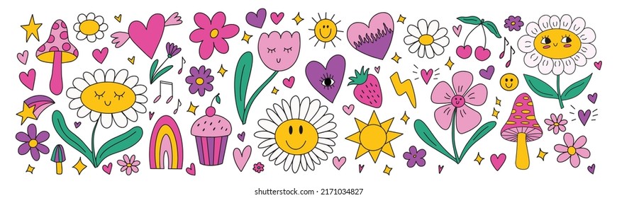 Big set various different cute kawaii y2k doodle elements    daisy chamomile flowers  smile face  psychedelic trippy groovy mushrooms  hearts  stars  sun  cherry  strawberry  Clip art collection 