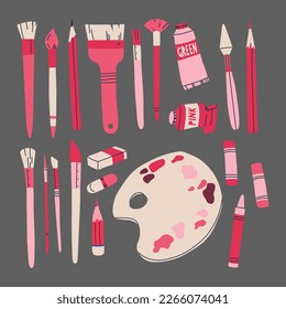 Big set with various drawing tools. Art supplies in pink. Vector graphics for design.