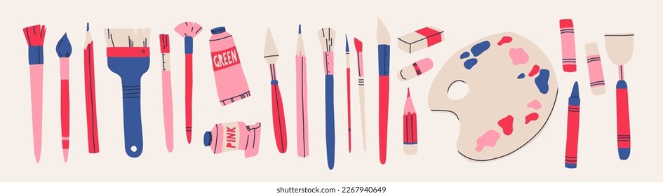 Big set and various drawing tools  Art supplies in pink   blue  Vector graphics for design 