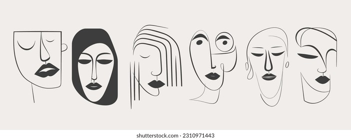 Big Set of Various Faces, abstract shapes. Ink painting style. Contemporary Hand drawn Vector illustrations. Continuous line, minimalistic elegant concept.