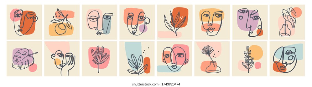 Big Set Various Faces  Leaves  Flowers  abstract shapes  Ink painting style  Contemporary Hand drawn Vector illustrations  Continuous line  minimalistic elegant concept  All elements are isolated