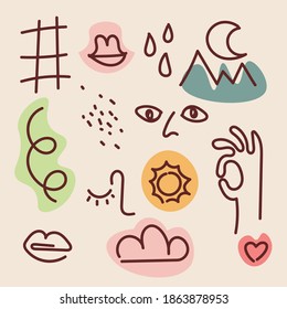 Big Set of Various Faces, Leaves, Flowers, abstract details. Ink painting style. Contemporary Hand drawn Vector illustrations. Line, minimalistic elegant concept.