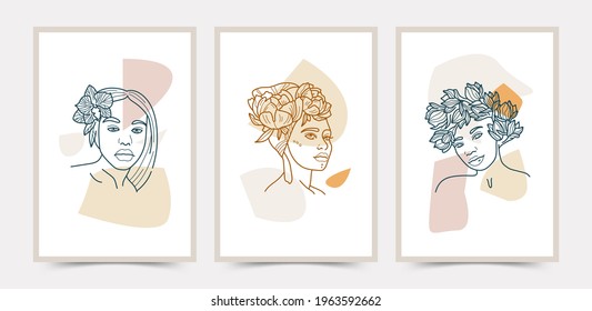 Big Set of Various Faces, Leaves, Flowers, abstract shapes. Ink painting style. Contemporary Hand drawn Vector illustrations. Continuous line, minimalistic elegant concept. All elements are isolated